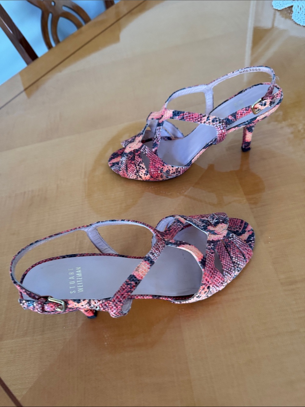 Stuart Weitzman Pink Snake-Print Strappy Heels size 9